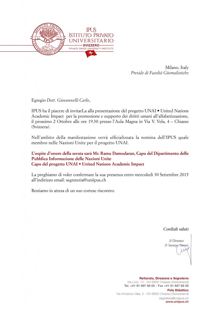 invito al Preside della Facoltà di Giornalismo, CarloVittorio Giovannelli